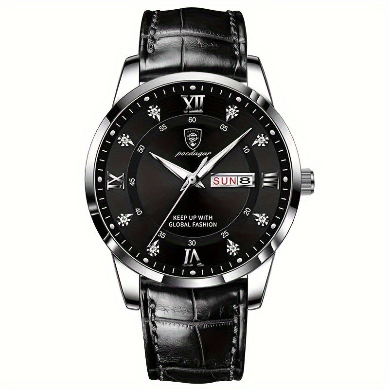 ساعة POEDAGAR رجالي كوارتز مقاومة للماء مع تقويم مضيء