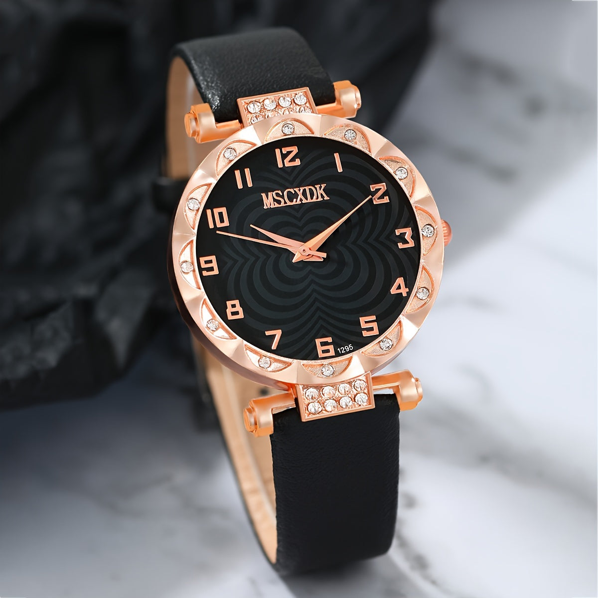 طقم ساعات كوارتز نسائي أسود مع مجوهرات مرصعة بأحجار الراين