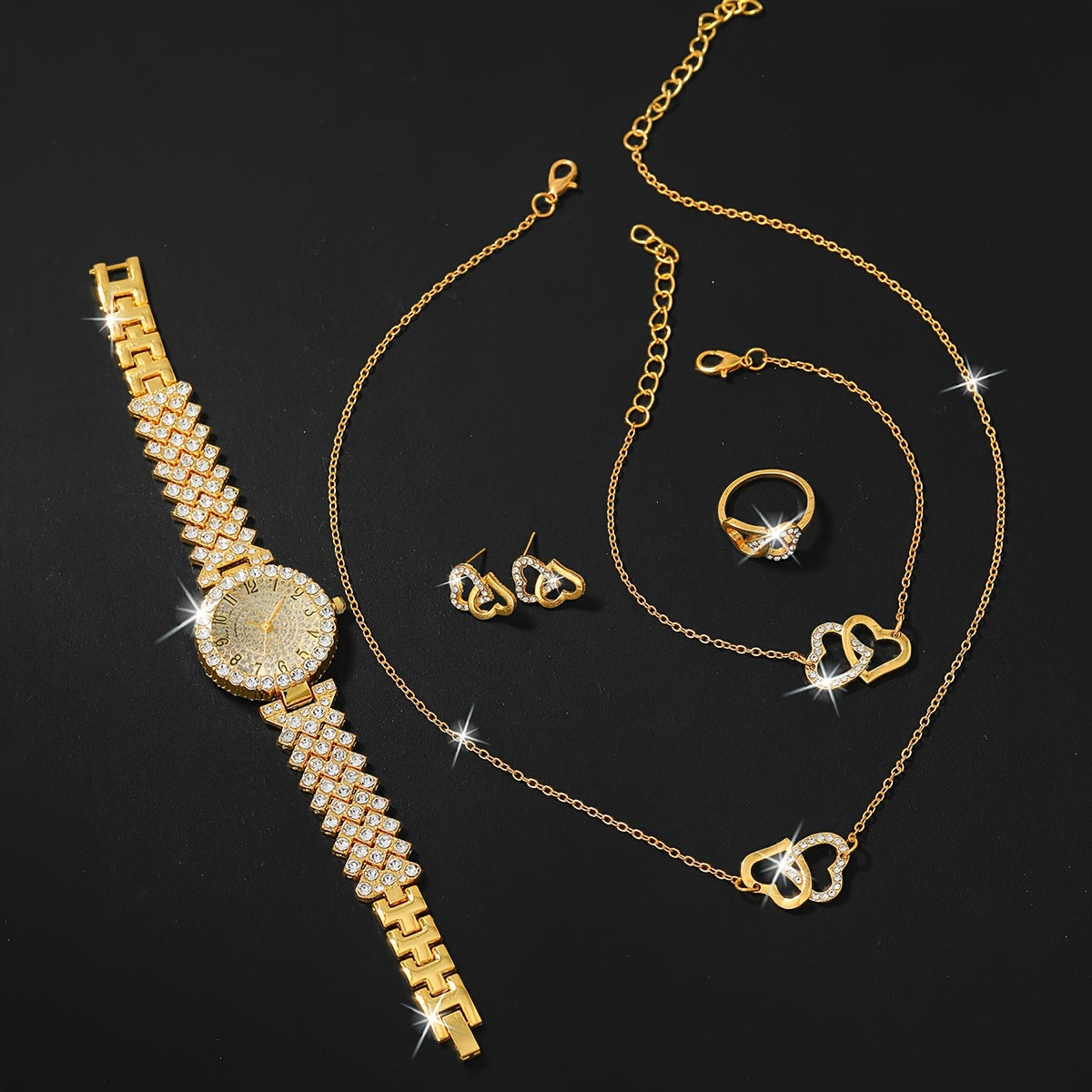 6 Pcs Golden Round Rhinestone Quartz Watches Alloy Strap Alloy Pointer Alloy Dial And Rhinestone Bracelet Necklace Earrings Jewelry For Women