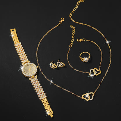 6 Pcs Golden Round Rhinestone Quartz Watches Alloy Strap Alloy Pointer Alloy Dial And Rhinestone Bracelet Necklace Earrings Jewelry For Women