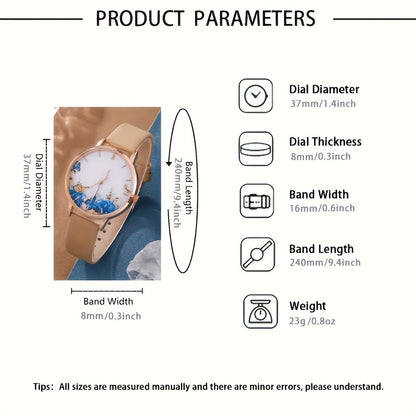 5 Pcs Round Quartz Watches PU Leather Strap Zinc Alloy Pointer Zinc Alloy Dial And Butterfly Bracelet Necklace Earrings Jewelry For Women