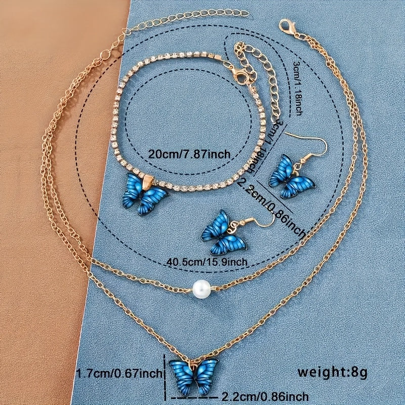 5 Pcs Round Quartz Watches PU Leather Strap Zinc Alloy Pointer Zinc Alloy Dial And Butterfly Bracelet Necklace Earrings Jewelry For Women