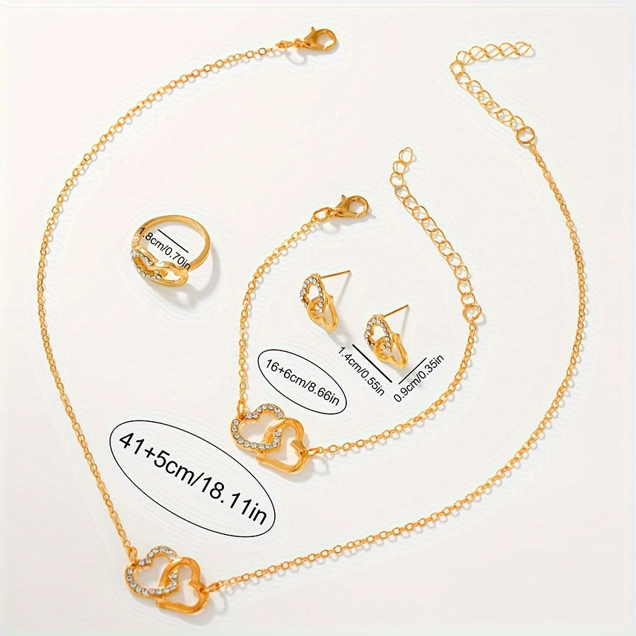 6 Pcs Golden Round Rhinestone Quartz Watches Alloy Strap Alloy Pointer Alloy Dial And Rhinestone Bracelet Necklace Earrings Jewelry For Women