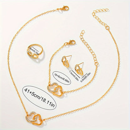 6 Pcs Golden Round Rhinestone Quartz Watches Alloy Strap Alloy Pointer Alloy Dial And Rhinestone Bracelet Necklace Earrings Jewelry For Women