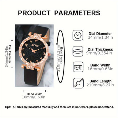 طقم ساعات كوارتز نسائي أسود مع مجوهرات مرصعة بأحجار الراين