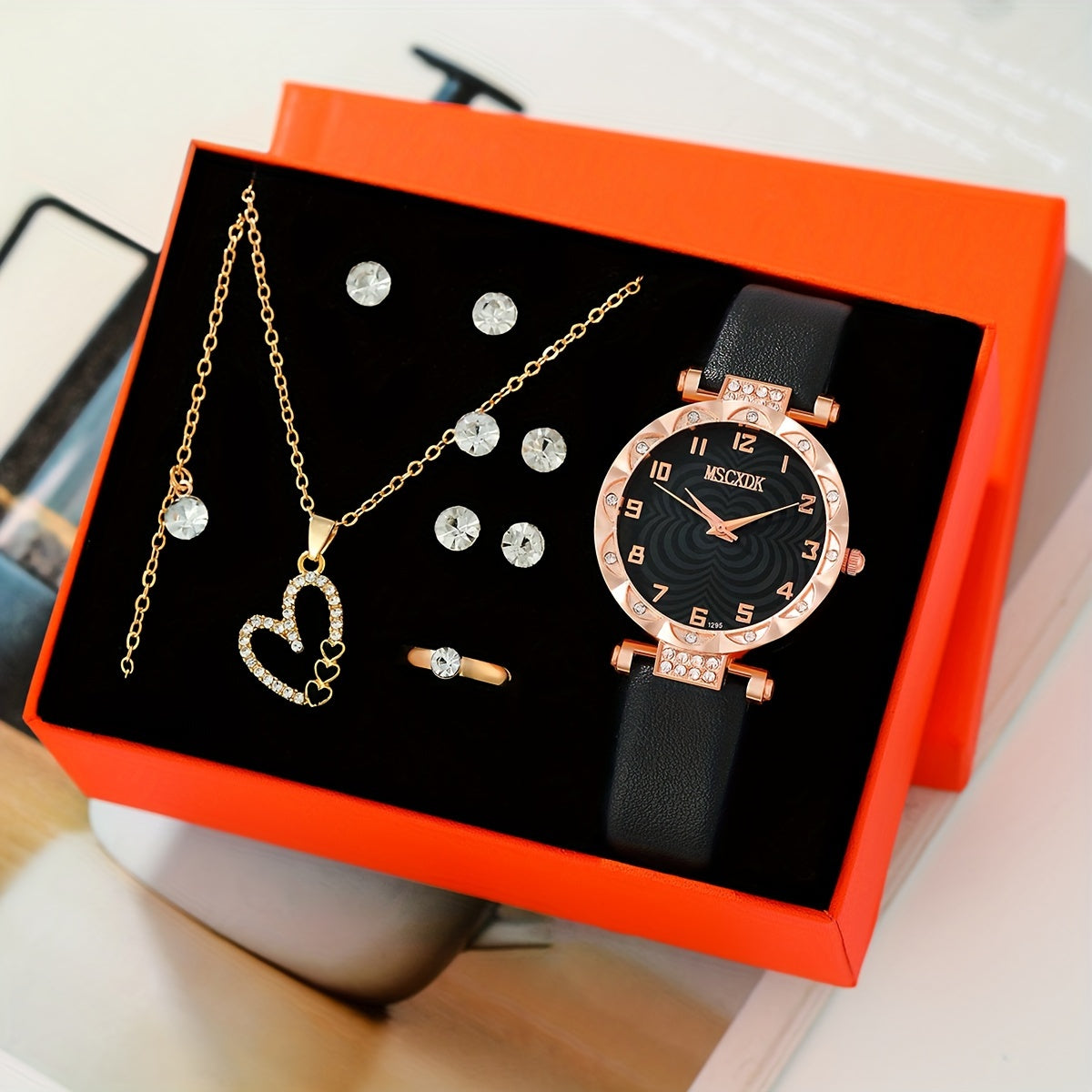 طقم ساعات كوارتز نسائي أسود مع مجوهرات مرصعة بأحجار الراين