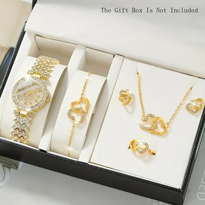 6 Pcs Golden Round Rhinestone Quartz Watches Alloy Strap Alloy Pointer Alloy Dial And Rhinestone Bracelet Necklace Earrings Jewelry For Women