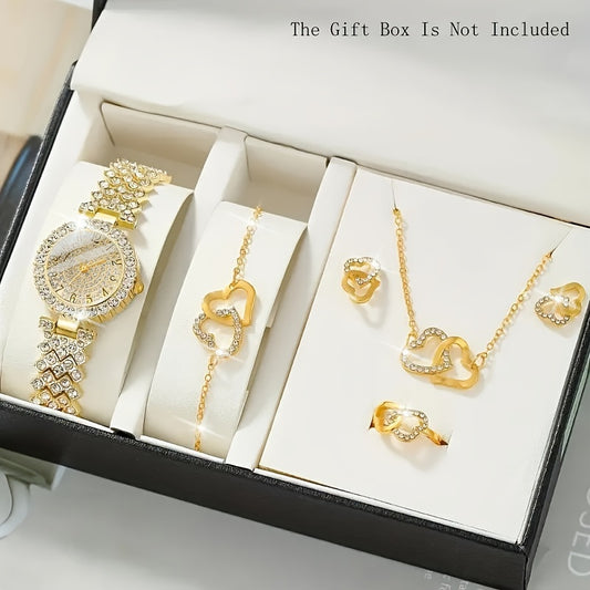 6 Pcs Golden Round Rhinestone Quartz Watches Alloy Strap Alloy Pointer Alloy Dial And Rhinestone Bracelet Necklace Earrings Jewelry For Women