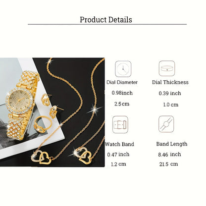 6 Pcs Golden Round Rhinestone Quartz Watches Alloy Strap Alloy Pointer Alloy Dial And Rhinestone Bracelet Necklace Earrings Jewelry For Women
