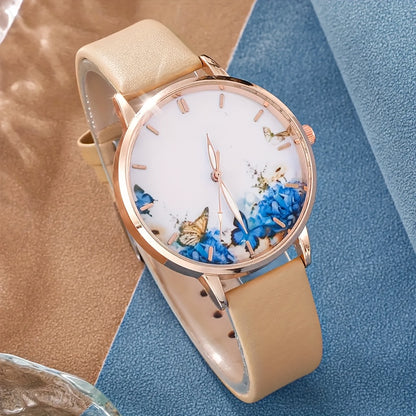 5 Pcs Round Quartz Watches PU Leather Strap Zinc Alloy Pointer Zinc Alloy Dial And Butterfly Bracelet Necklace Earrings Jewelry For Women